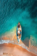 Wall Mural - Aerial View of a Rustic Boat on Turquoise Waters Near a Sandy Shoreline with Gentle Waves