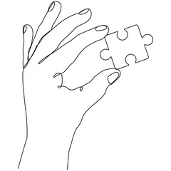 Poster - hand holding puzzle piece continuous line drawing. teamwork concept. vector illustration isolated on