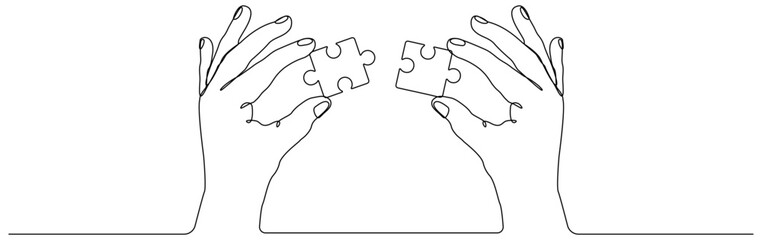 Poster - hands hold puzzle piece continuous line drawing. teamwork concept. vector illustration isolated on w
