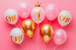 © Margaryta - Happy birthday one year congratulations background. Anniversary number 1 foil gold balloon and white, pink balloons.