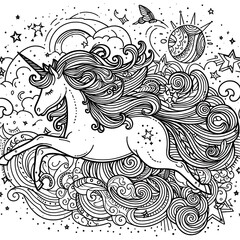 Wall Mural - A black and white drawing of a unicorn coloring page design colours drawing graphic eyecat design drawing graphicching vector unique.