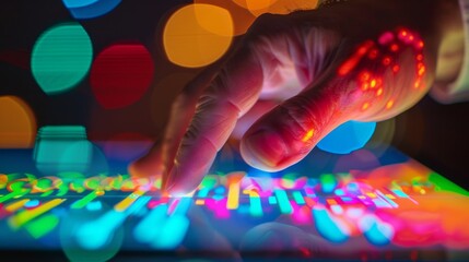 Aufkleber - close-up of a businessman's hand analyzing a colorful business graph on a digital tablet, symbolizin