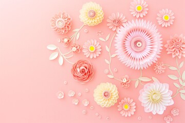 Wall Mural - Flowers paper cut design. Beautiful spring paper cut flowers on soft color background. Valentine's Day, Birthday, Happy Woman Day, Mother's Day. Holiday poster and banner with flower papercut