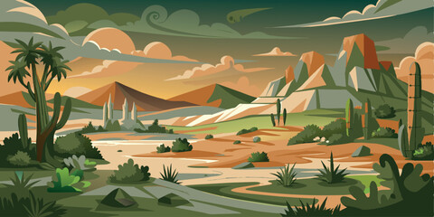 Wall Mural - Desert landscape with sunset and unique rock formations. Vector illustration