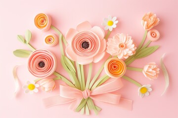 Wall Mural - Flowers paper cut design. Beautiful spring paper cut flowers on soft color background. Valentine's Day, Birthday, Happy Woman Day, Mother's Day. Holiday poster and banner with flower papercut