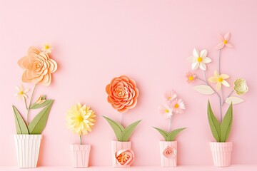Wall Mural - Flowers paper cut design. Beautiful spring paper cut flowers on soft color background. Valentine's Day, Birthday, Happy Woman Day, Mother's Day. Holiday poster and banner with flower papercut