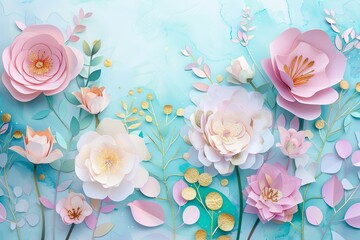 Wall Mural - Flowers paper cut design. Beautiful spring paper cut flowers on soft color background. Valentine's Day, Birthday, Happy Woman Day, Mother's Day. Holiday poster and banner with flower papercut