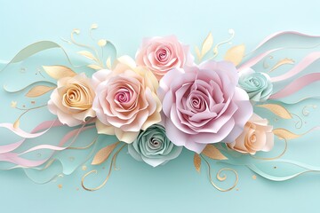 Wall Mural - Flowers paper cut design. Beautiful spring paper cut flowers on soft color background. Valentine's Day, Birthday, Happy Woman Day, Mother's Day. Holiday poster and banner with flower papercut