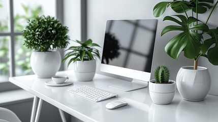 Poster - A white desk with a computer, keyboard, mouse, and several potted plants.