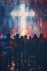 Poster - Transcendence through color and light. Silhouettes of people overlaid with a cross in the background. Glitched image, vibrant colors.