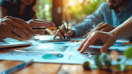 Poster - Hands of business executives discussing financial charts and graphs during a meeting, symbolizing collaboration and decision-making