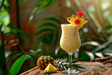 Wall Mural - Pina colada cocktail garnished with cherry, pineapple slice and leaves on wooden table. Copy space