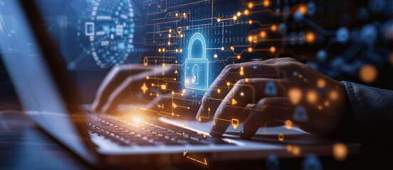 Poster - secure business data management: businessman using laptop with digital padlock, cloud computing netw