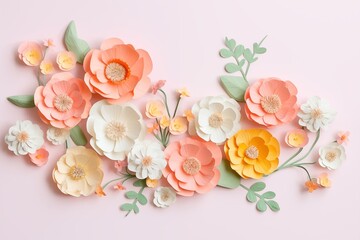 Wall Mural - Flowers paper cut design. Beautiful spring paper cut flowers on soft color background. Valentine's Day, Birthday, Happy Woman Day, Mother's Day. Holiday poster and banner with flower papercut