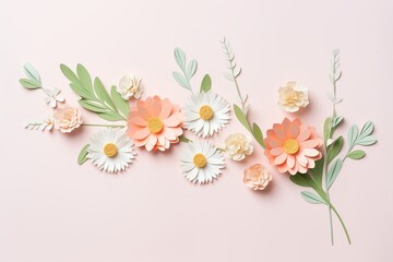 Wall Mural - Flowers paper cut design. Beautiful spring paper cut flowers on soft color background. Valentine's Day, Birthday, Happy Woman Day, Mother's Day. Holiday poster and banner with flower papercut