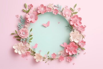 Wall Mural - Flowers paper cut design. Beautiful spring paper cut flowers on soft color background. Valentine's Day, Birthday, Happy Woman Day, Mother's Day. Holiday poster and banner with flower papercut
