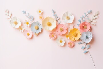 Wall Mural - Flowers paper cut design. Beautiful spring paper cut flowers on soft color background. Valentine's Day, Birthday, Happy Woman Day, Mother's Day. Holiday poster and banner with flower papercut