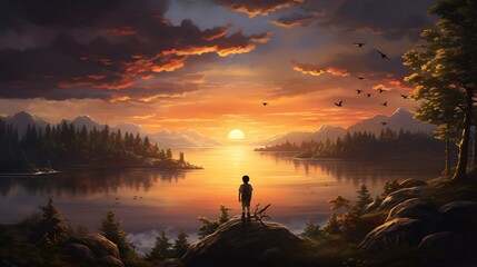 Wall Mural - A childrens story featuring the lake and sunset.