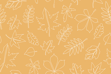 Wall Mural - Vector seamless background of autumn leaves in doodle style. Background of hand drawn leaves for textiles or book covers, wallpaper, design, graphics, print, hobbies, invitations. Vector.