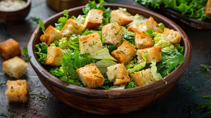 Wall Mural - A close-up shot of a bowl of Caesar salad with croutons and lettuce