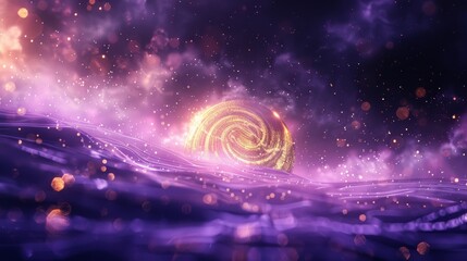 Abstract purple and gold cosmic scenery with a swirling vortex, evoking a sense of mystery and otherworldly beauty.