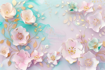 Wall Mural - Flowers paper cut design. Beautiful spring paper cut flowers on soft color background. Valentine's Day, Birthday, Happy Woman Day, Mother's Day. Holiday poster and banner with flower papercut