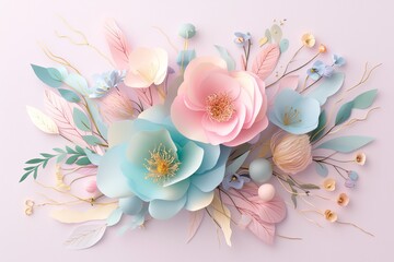 Wall Mural - Flowers paper cut design. Beautiful spring paper cut flowers on soft color background. Valentine's Day, Birthday, Happy Woman Day, Mother's Day. Holiday poster and banner with flower papercut