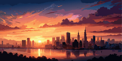 Wall Mural - Sunset over city skyline with reflection on water. Vector illustration