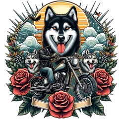 A dog design drawing graphic and a motorcycle with flowers and leaves creative Artistic Vibrant engaging.