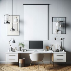 Wall Mural - A desk with a chair with poster empty white in work working home style interior set design and a chair and a poster above it.