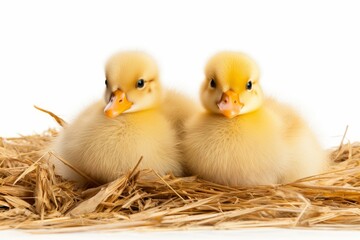 Two adorable yellow ducklings snuggle together on a soft straw bed against a white background