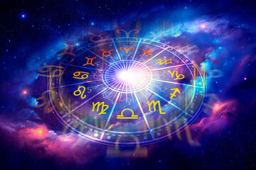 Concept of astrology and horoscope, person inside zodiac sign wheel, Astrological zodiac signs inside of horoscope circle, Astrology, knowledge of stars the sky, power of universe concept.