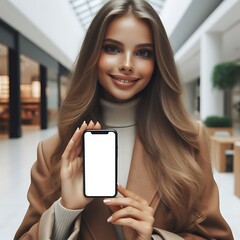 A woman mockup shirts white holding a cell phone realistic unique engaging.