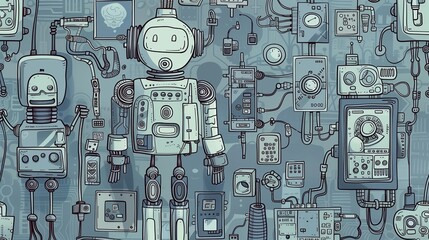 Wall Mural - Tech-themed Doodles with Gadgets and Robots in Grey and Blue