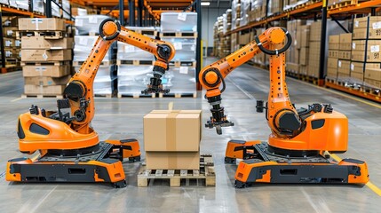 Wall Mural - A robot arm working alongside an electric cargo bot as it delivers boxes in the style of modern warehouse creating more space for human workers to focus their backs on team work and innovation.