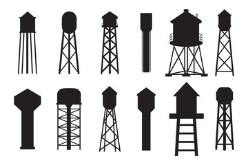 Water tank vector icon set, Water tower icons set, Water storage reservoir tank icon.