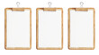 © Pungu x - Three blank clipboards with brown wood frames and white paper in isolated on transparent background