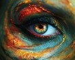 © Sorat - Close-up of a vibrant eye with artistic makeup featuring shimmering gold and red accents, creating a striking and captivating visual effect.