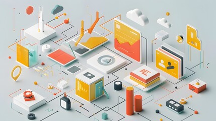 Fototapete - A colorful and abstract image of technology and gadgets. The image is a representation of the interconnectedness of modern technology and the internet