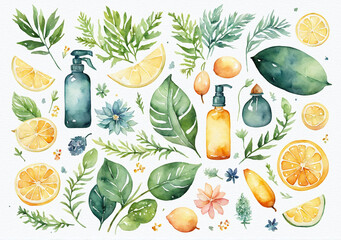 watercolor illustration of set of various natural organic ingredients for home cleaning or homemade medicine