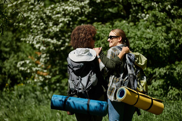 Wall Mural - Two young women, a lesbian couple, hike through a forest together, enjoying the outdoors.