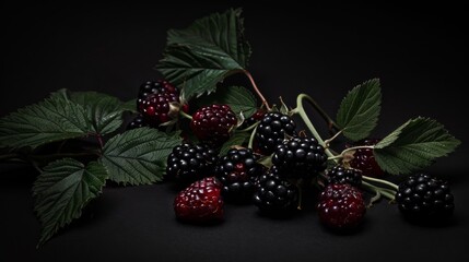 Wall Mural - Fresh blackberries with green leaves on a dark background, showcasing their vibrant color and texture in a dramatic composition.