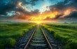 © Cary - view train track field sunset quantum optimism rails toward sun rays caustics infinitely long corridors freedom green lines surrealism