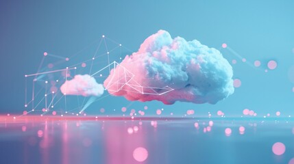 Poster - Abstract digital representation of cloud computing technology with interconnected data points on a blue and pink background. 3D Illustration.