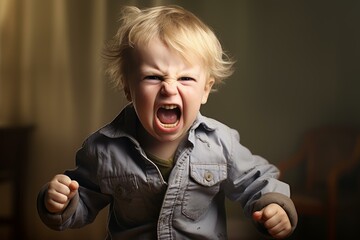 Photo of a young child screaming in frustration, capturing the emotion of a temper tantrum