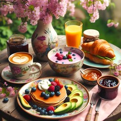 Canvas Print - A lavish breakfast spread awaits, adorned with fluffy pancakes, fresh fruits, and a delicate vase of vibrant flowers.