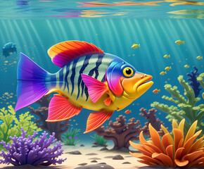 fish, sea, ocean, water, underwater, animal, aquarium, cartoon, tropical, illustration, vector, nature, blue, marine, coral, isolated, colorful, goldfish, reef, aquatic, life, cute, diving, swimming, 