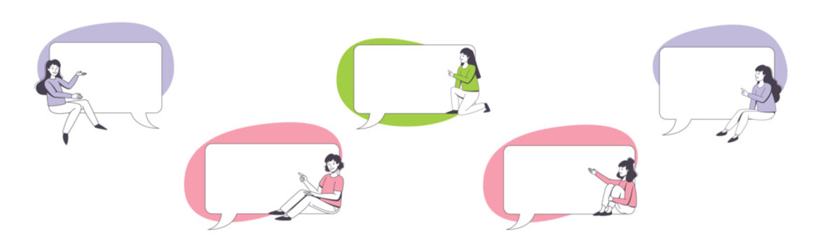 Communication Speech Bubble with People Character Sitting on It Vector Set