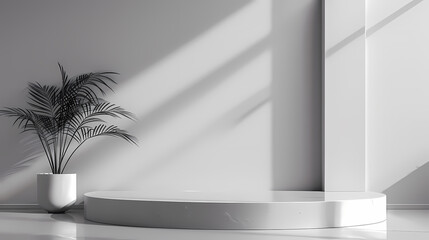 Minimalist interior design scene with a white pedestal and potted plant set against a sunlit wall, creating a serene ambiance.