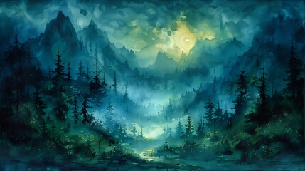 Wall Mural - mountain river full moon magical forest liquid clouds cyan fog overgrown mountains madness coherent gentle green dawn light mystic